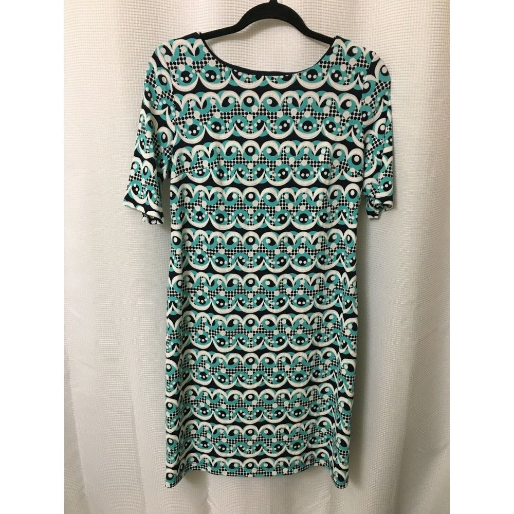 R&K Women's Knit Dress Size 8 Pull On Navy Blue Turquoise White Print DR4